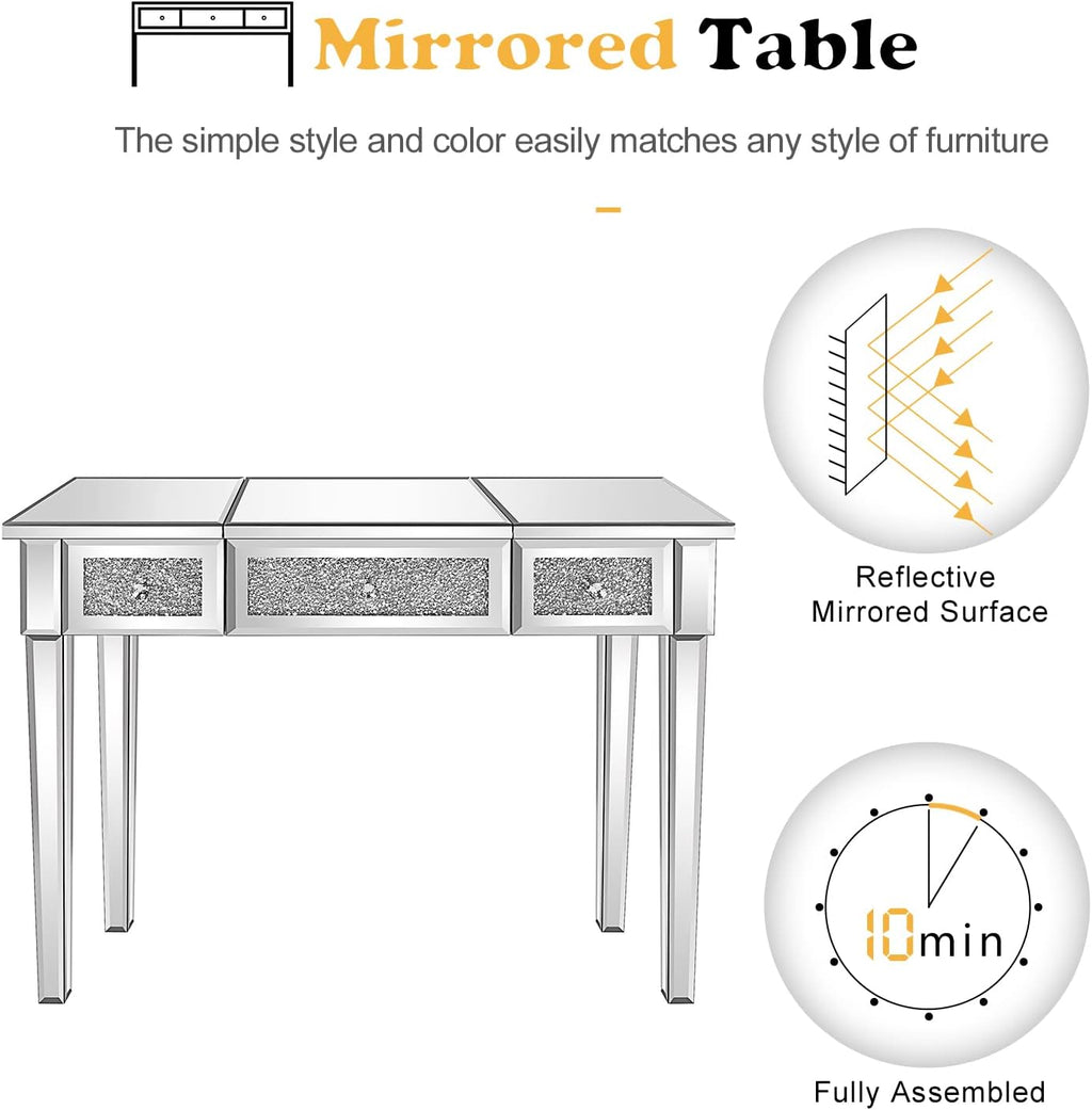 VINGLI Silver Mirrored Vanity Desk, Glass Vanity w/Drawers and Flip Mirror, Bling Mirror Vanity Desk for Women Girls Bedroom, Makeup Room & Office Writing Desk