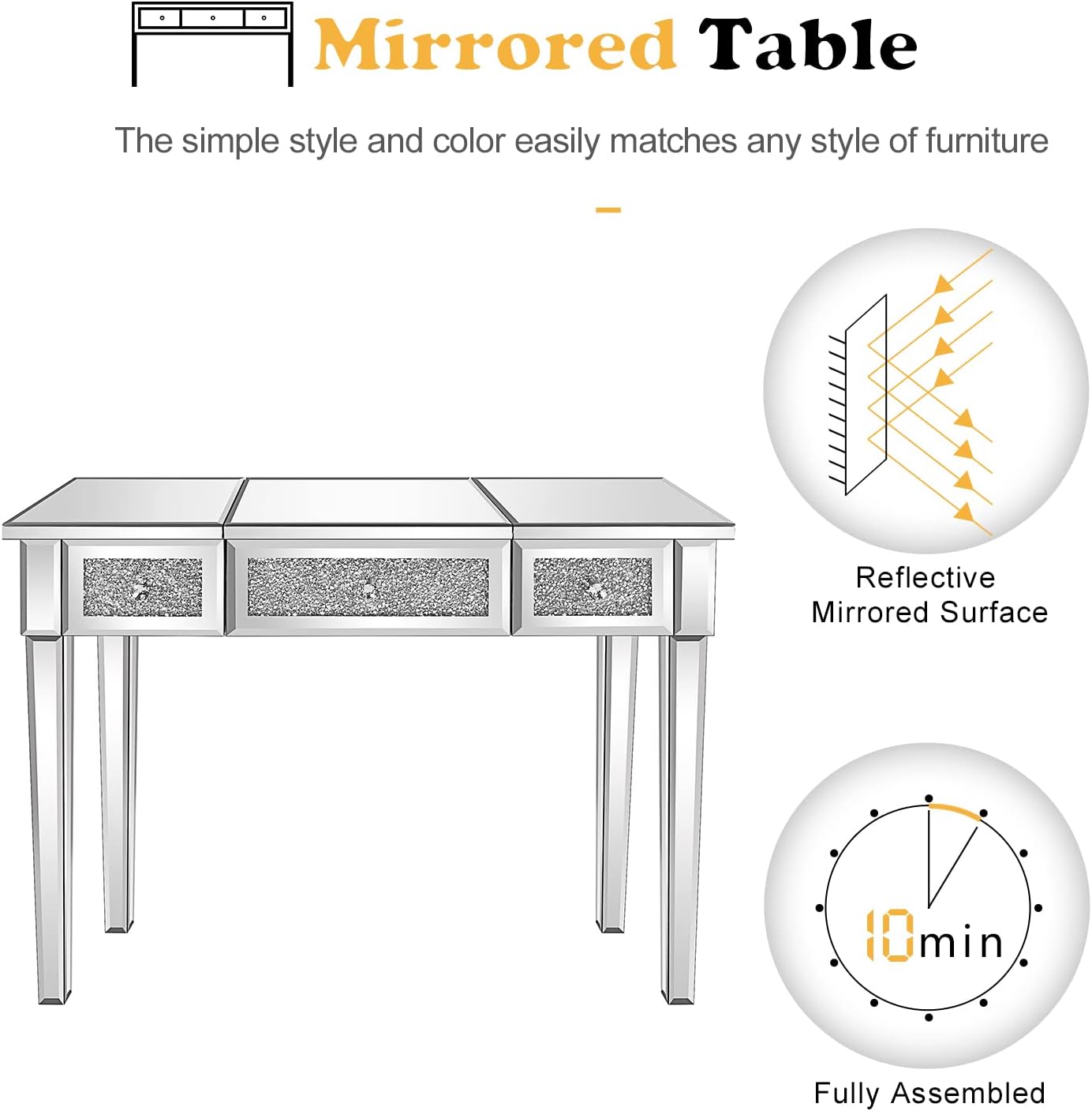 VINGLI Silver Mirrored Vanity Desk, Glass Vanity w/Drawers and Flip Mirror, Bling Mirror Vanity Desk for Women Girls Bedroom, Makeup Room & Office Writing Desk