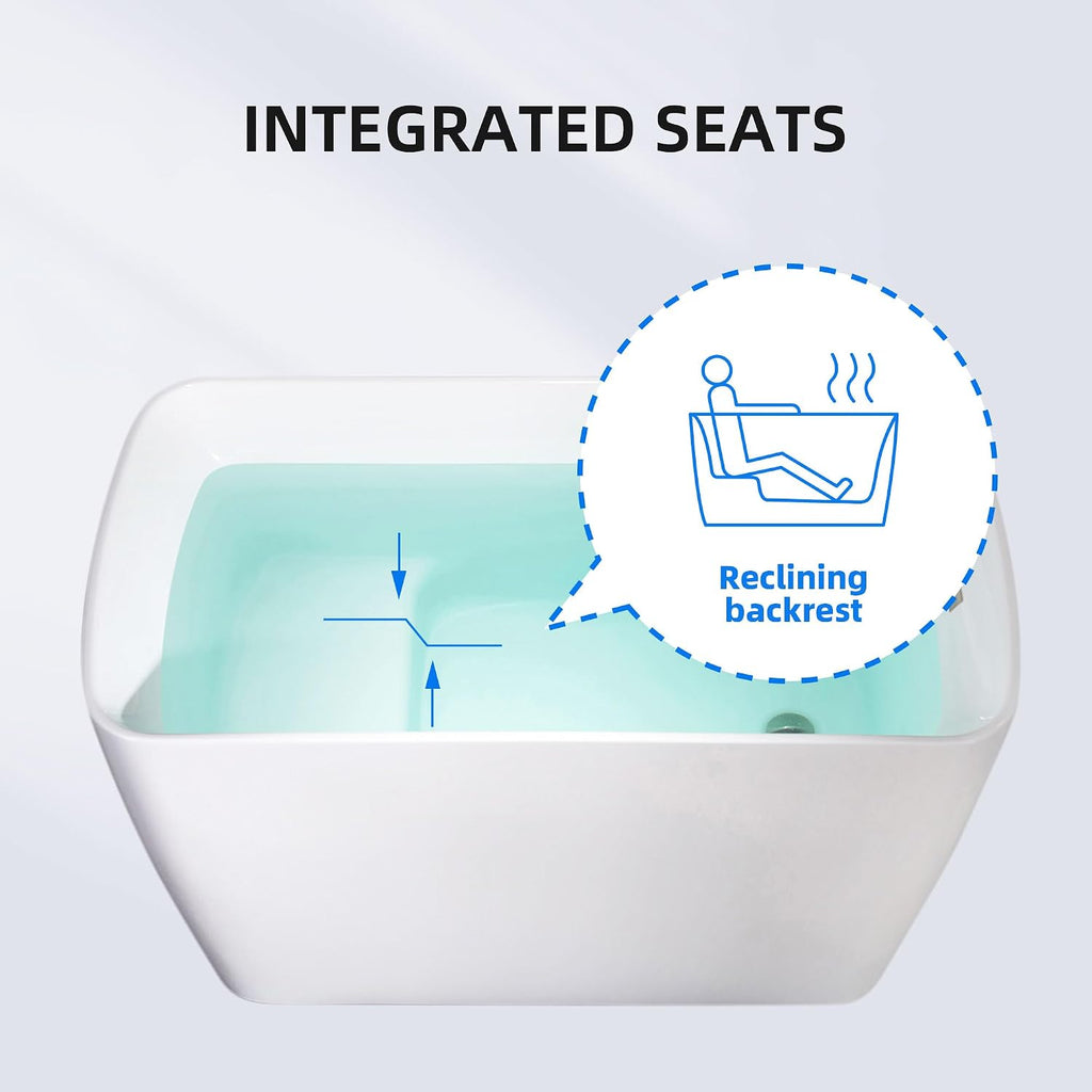 WOODBRIDGE 48' Acrylic Freestanding Rectangular Air Bath Bathtub with Pre-molded Seat and Brushed Nickel Pop-Up Drain and Overflow Option, White, B0170-B