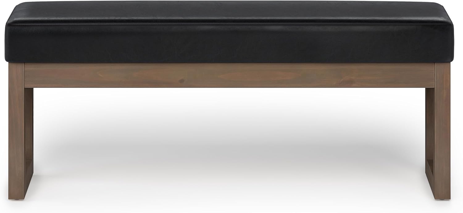 SIMPLIHOME Milltown Large Ottoman Bench - 44 inch Wide Upholstered Vegan Leather Rectangle Footstool Ottoman in Midnight Black, Contemporary Bench for Bedroom with Cushioned Seat, Assembled