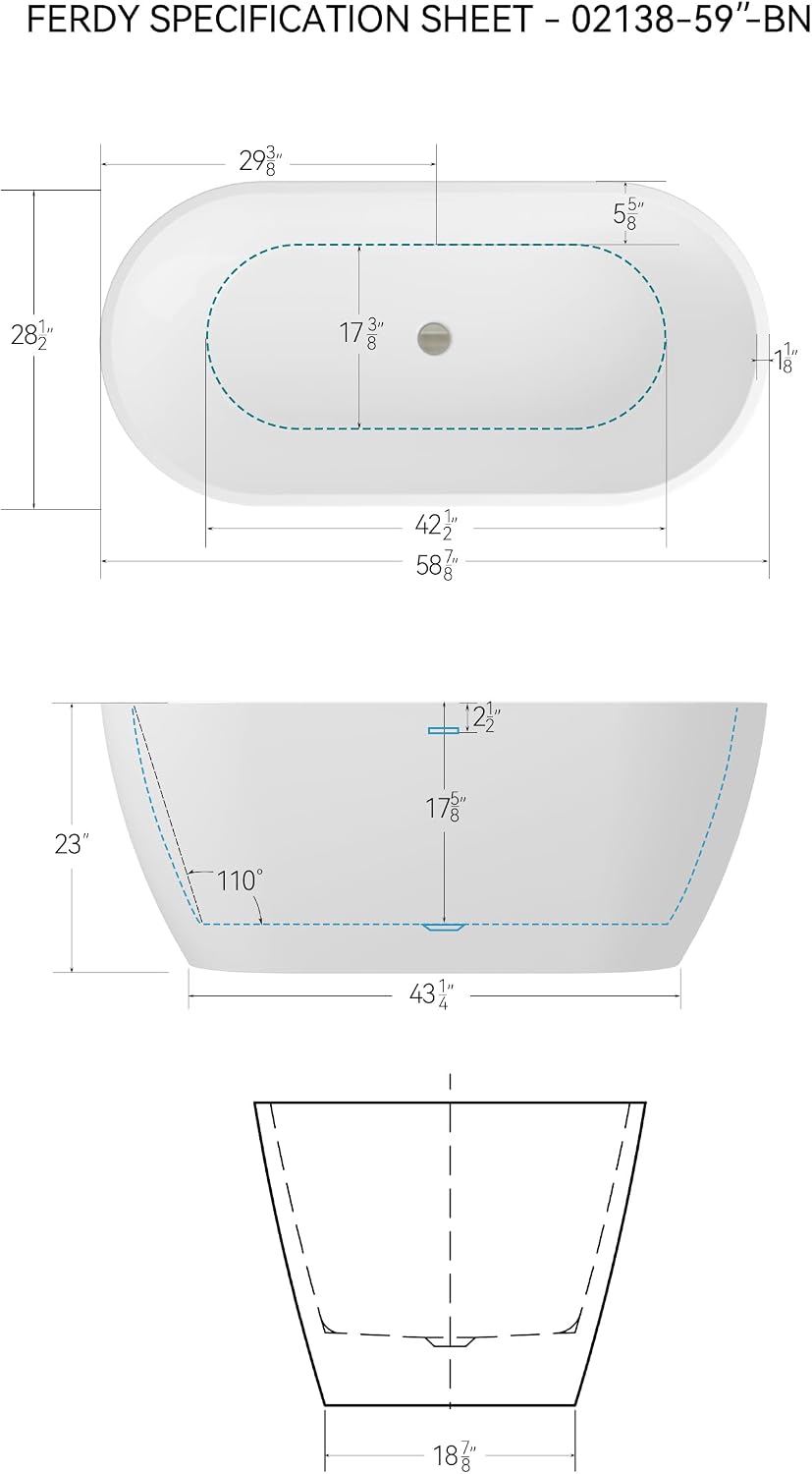 FerdY 59' Bali Elite Acrylic Freestanding Bathtub, Gracefully Shaped Freestanding Soaking Bathtub, cUPC Certified, Toe-Tap Brushed Nickel Drain and Minimalist Linear Design Overflow Included