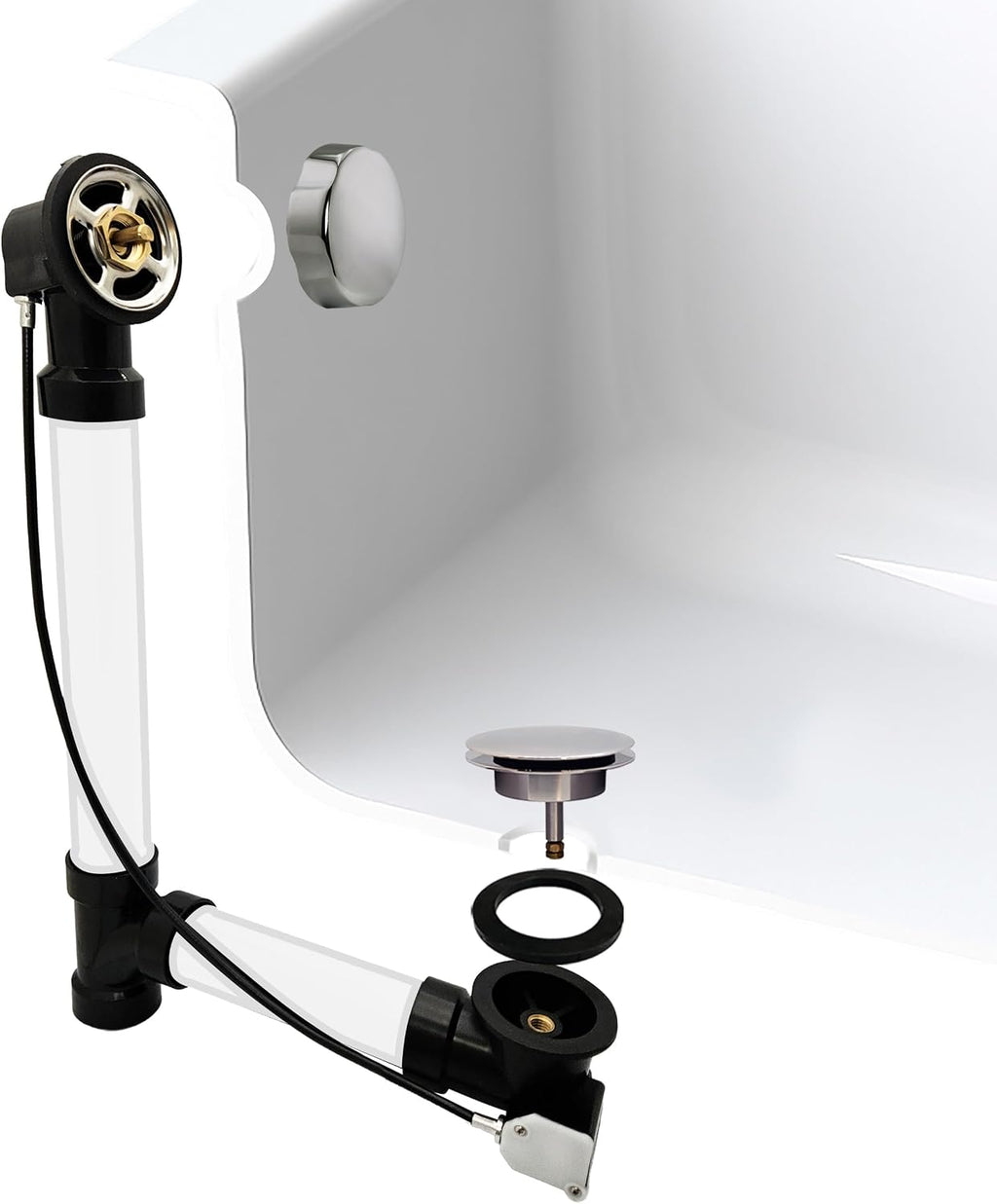 Westbrass A50A35-05 35' SCH. 40 ABS Cable Driven Bath Drain Trim Kit with Rotary Overflow Cover Knob and Pop-Up Stopper, Polished Nickel