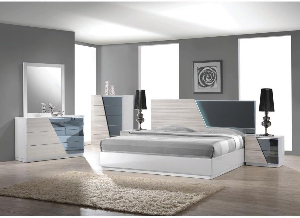 Modern 5-Piece Eastern King Size Bedroom Set, LED Lighting, High Gloss Lacquer Finish Wooden Bedroom Set, Zebra Gray