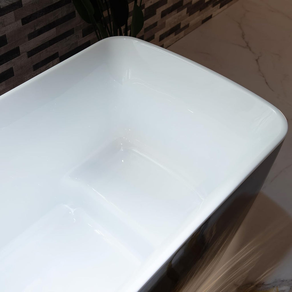 WOODBRIDGE 48' Acrylic Freestanding Square Shape Janpanese Soaking Tub with Pre-molded Seat and Matte Black Pop-UP Drain and Overflow Option, Black, B1870-MB