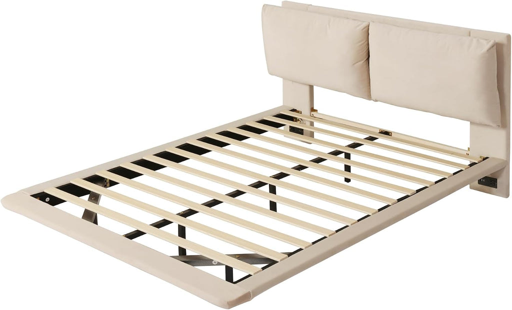 Ball & Cast Queen Size Floating Bed Frame,Velvet Upholstered Platform Bed with Sensor Light and 2 Large Backrests,Two Sets of USB Port,Slat Support,No Box Spring Needed,for Apartment,Bedroom,Beige
