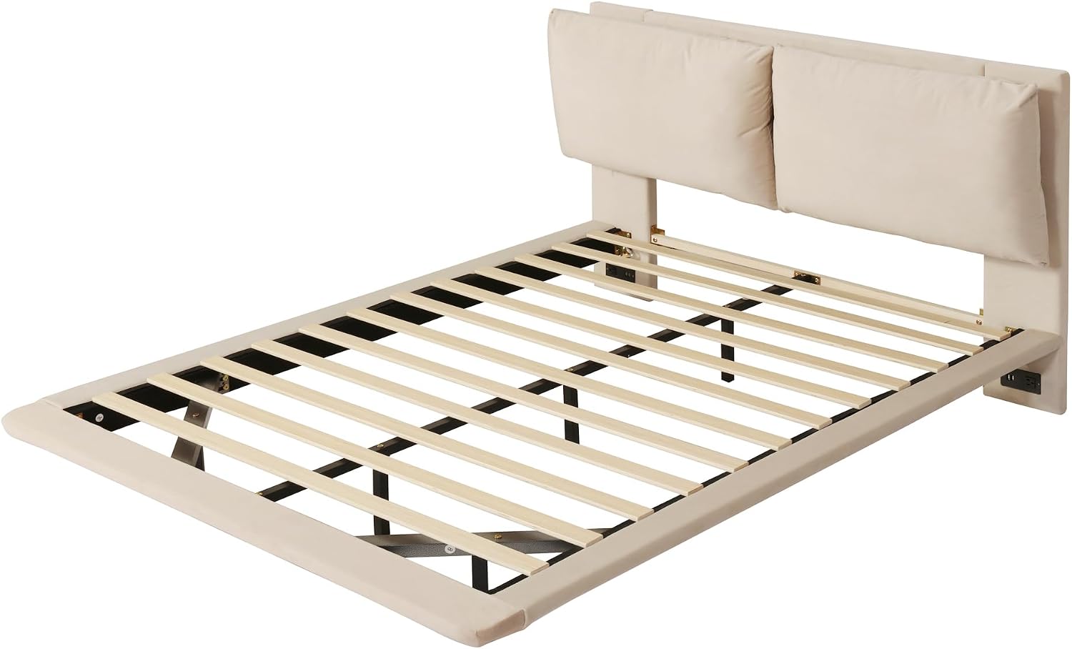 Ball & Cast Queen Size Floating Bed Frame,Velvet Upholstered Platform Bed with Sensor Light and 2 Large Backrests,Two Sets of USB Port,Slat Support,No Box Spring Needed,for Apartment,Bedroom,Beige