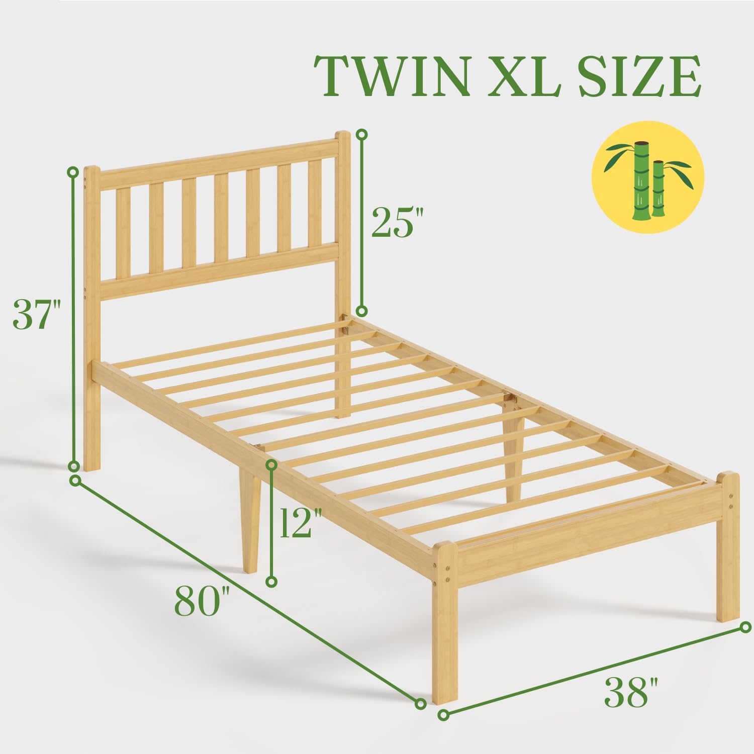 12 in High Solid Bamboo Wood Twin XL Bed Frame with Headboard, Platform Twin XL Size Bed Frame, Heavy Duty, No Box Spring Needed, Nosie Free