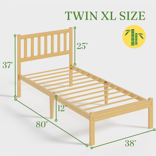 12 in High Solid Bamboo Wood Twin XL Bed Frame with Headboard, Platform Twin XL Size Bed Frame, Heavy Duty, No Box Spring Needed, Nosie Free