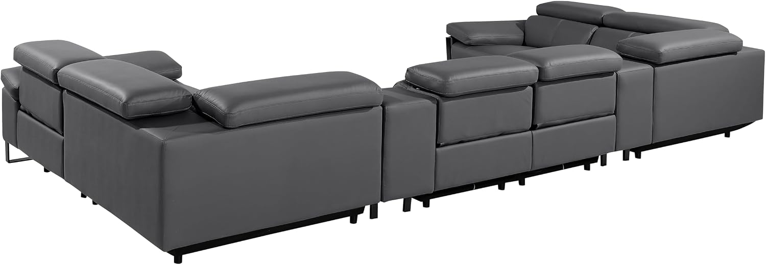 BlackJack Furniture Antonio 8 Piece U Shaped Power Reclining Sectional Sofa, Modular Couch with Top Grain Italian Leather, 4 Electric Recliners, USB & Wireless Chargers, Storage Console, Dark Grey