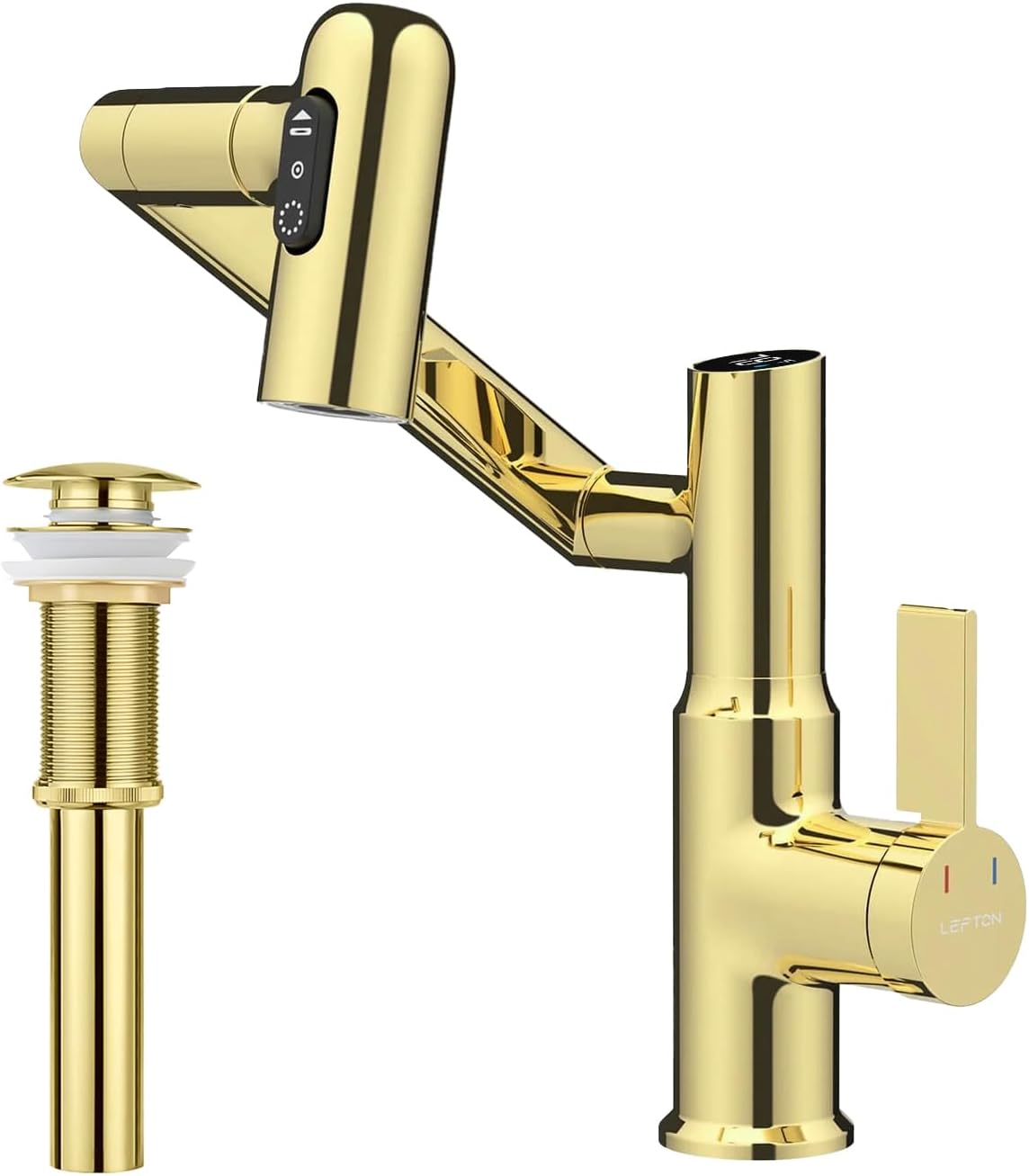 Lefton Rotatable Bathroom Faucet BF2204 with Pop-up Bathroom Sink Drain Stopper Without Overflow D01 (w/Pop-up Drain Stopper, Polished Gold)
