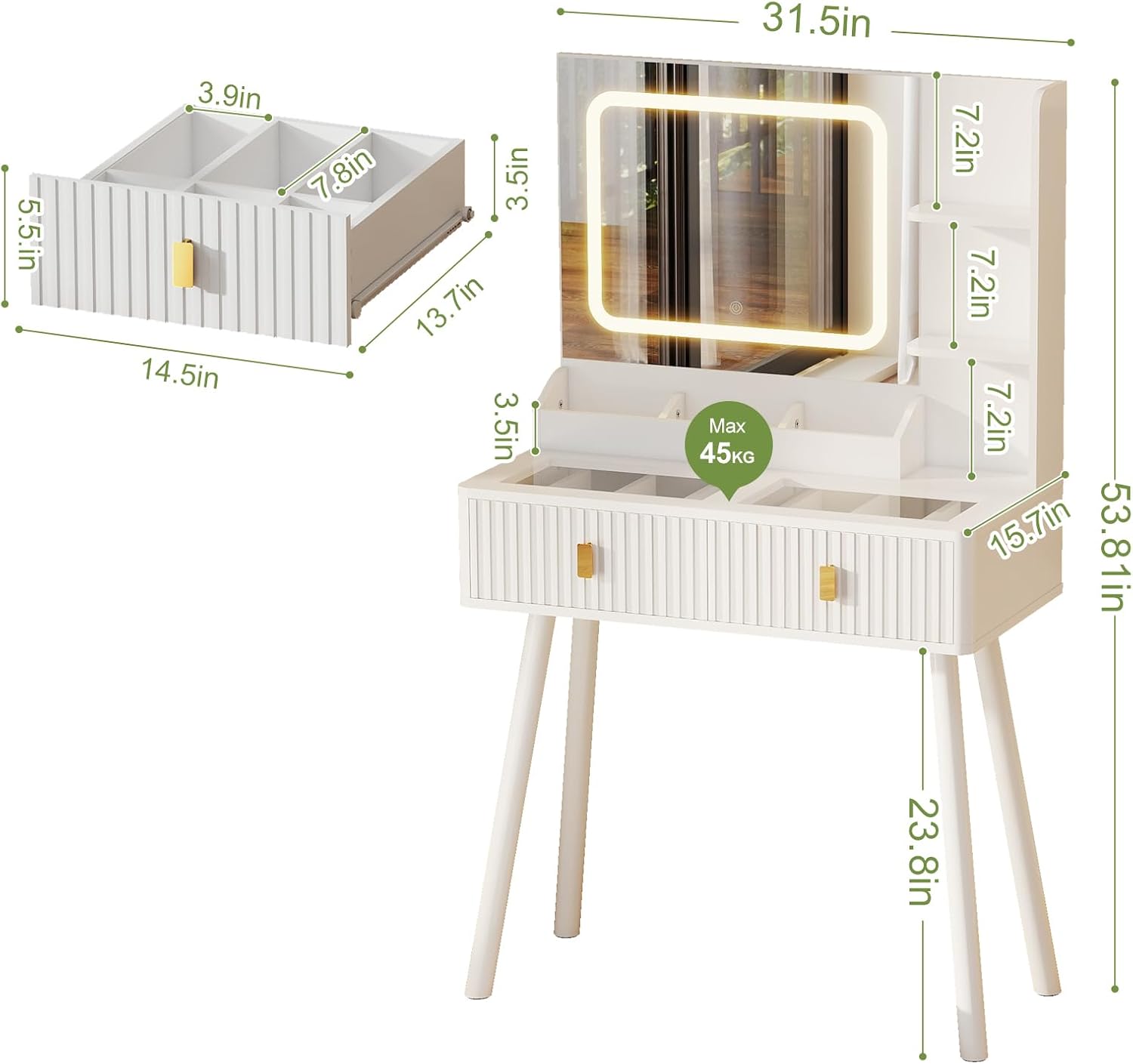 GOODONE 31.5' Fluted Vanity Desk with Mirror LED Lights, Makeup Desk with 2 Drawers, Furniture Clearance Outlet Dressing Table with Glass Top Built-in Dividers for Bedroom, 31.5*15.7*53.8in(White)