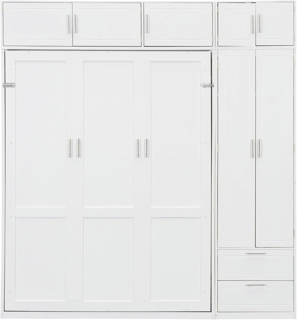 Merax Queen Size Murphy Bed with Shelves, Top Cabinet and Wardrobe, Fold into The Wall, Space-Saving Design Foldable Platform Bed Frame for Bedroom, Guest Room, Home Office, White