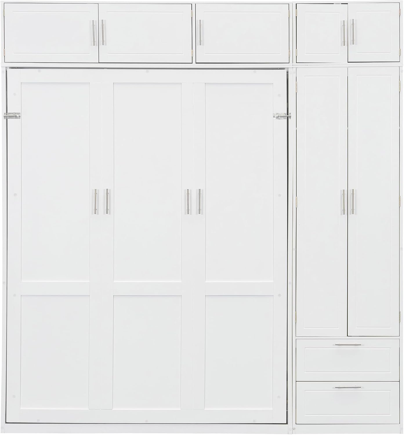 Merax Queen Size Murphy Bed with Shelves, Top Cabinet and Wardrobe, Fold into The Wall, Space-Saving Design Foldable Platform Bed Frame for Bedroom, Guest Room, Home Office, White