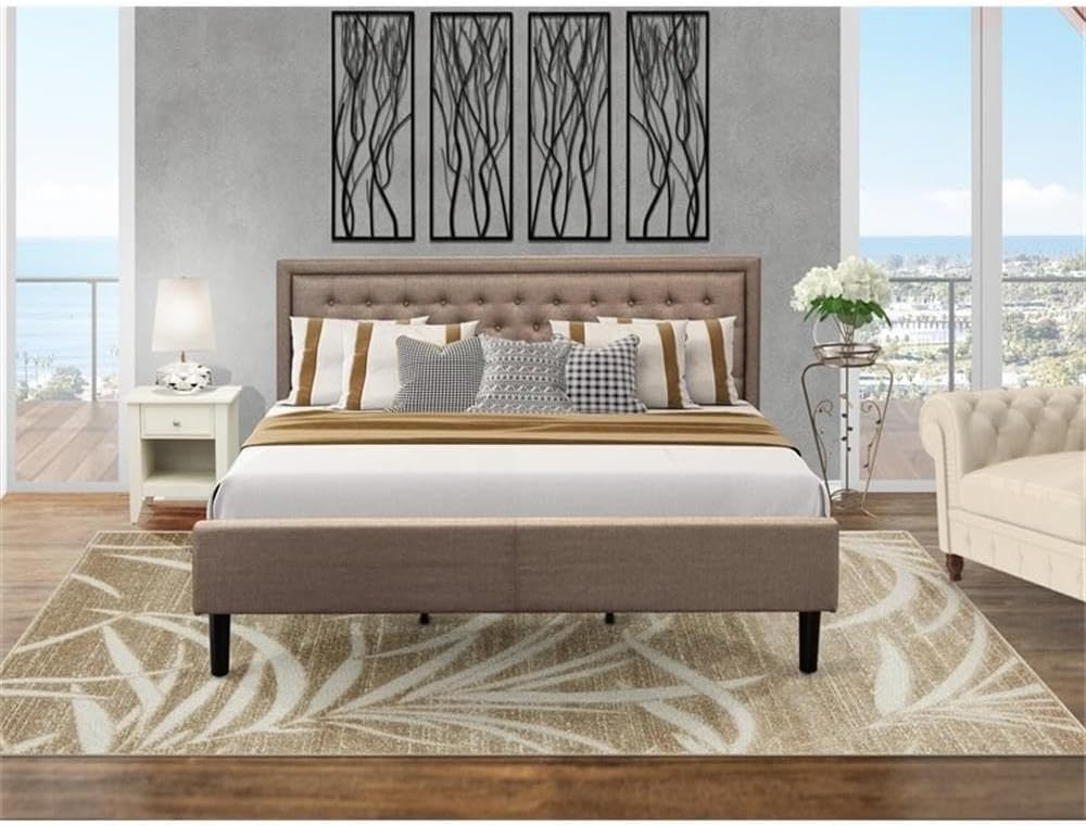 East West Furniture KD16K-1GA0C 2 Piece Bedroom Set-1 King Bed Frame Brown Linen Fabric Padded and Button Tufted Headboard with 1 Wood Wire Brushed Butter Cream Finish Nightstand