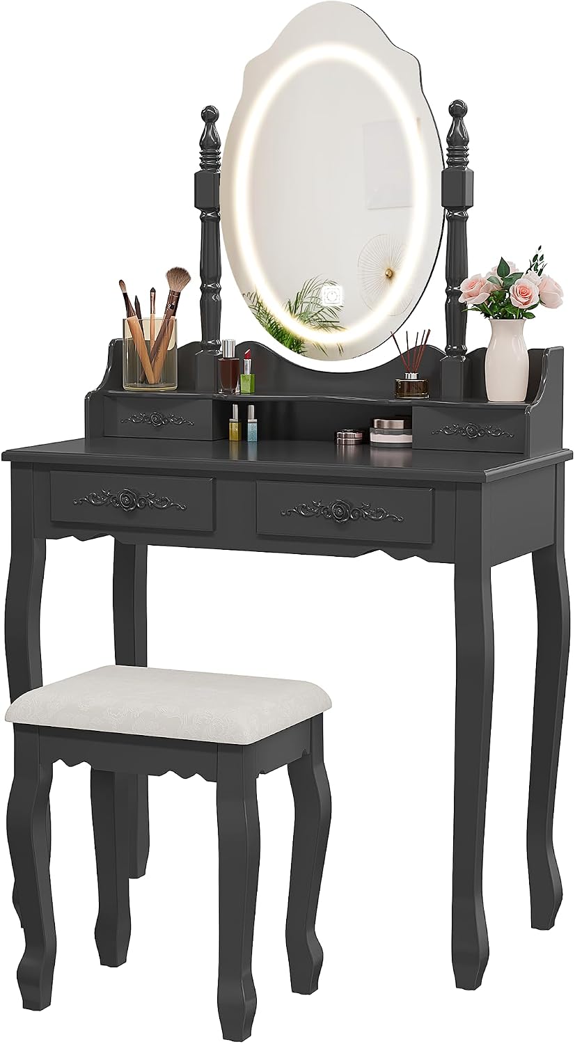 Vanity Desk with Mirror and Lights, Modern Vanity Makeup Table and Cushioned Stool Set with 4 Drawers, 3 Color Lighting Modes with Adjustable Brightness, Dressing Table Set for Bedroom (Black Vanity)
