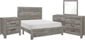Benzara EB Four Piece Queen Size Bedroom Set- Farmhouse Style- Gray- Black