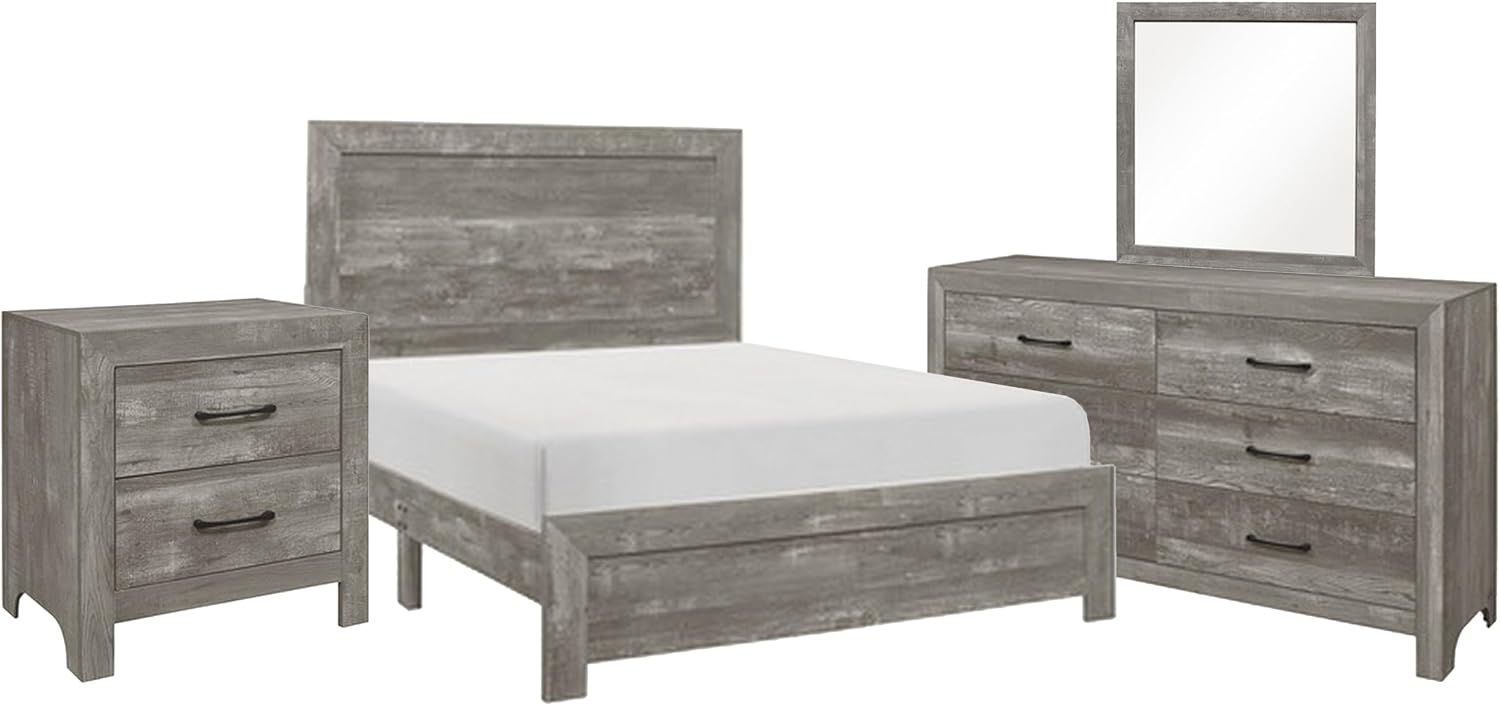 Benzara EB Four Piece Queen Size Bedroom Set- Farmhouse Style- Gray- Black