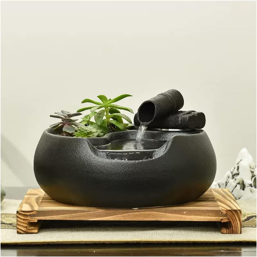 Tabletop Fountain Waterfall Ceramic Tabletop Fountain for Indoor and Outdoor Table Desk Office Patio Black Ceramic Fountain with Pumps and Wooden Base Indoor Waterfall Desktop Fountain (Color : A)