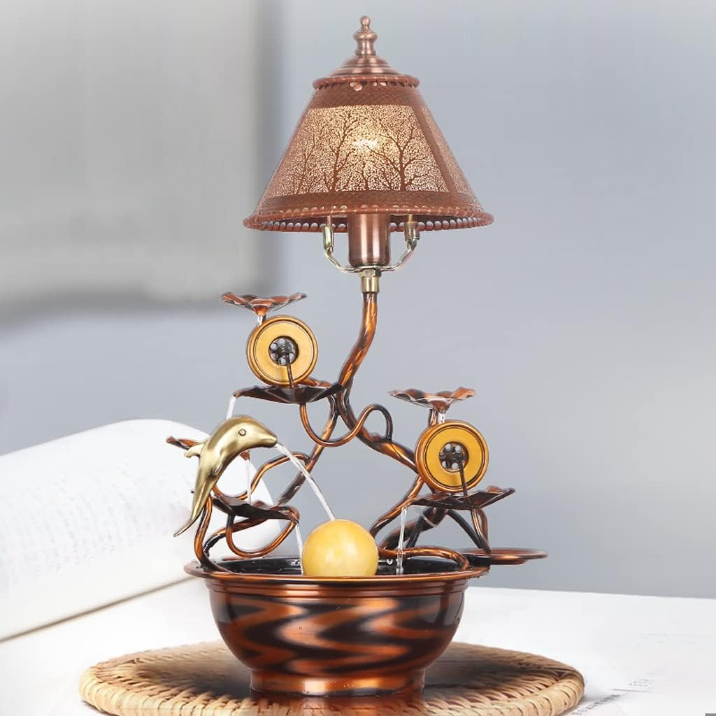Retro Tabletop Fountain with Fish Tank - Bonsai Copper Table Lamp, Home Decor, Flowing Water Feature