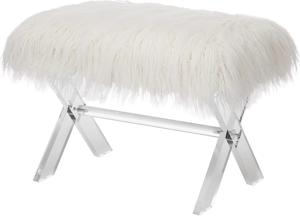 Glitzhome White Faux Fur Ottoman Bench, Modern Ottoman Footrest Stool Vanity Stool with Acrylic Legs Accent Bench for Entryway Living Room Bedroom, 25.5' L