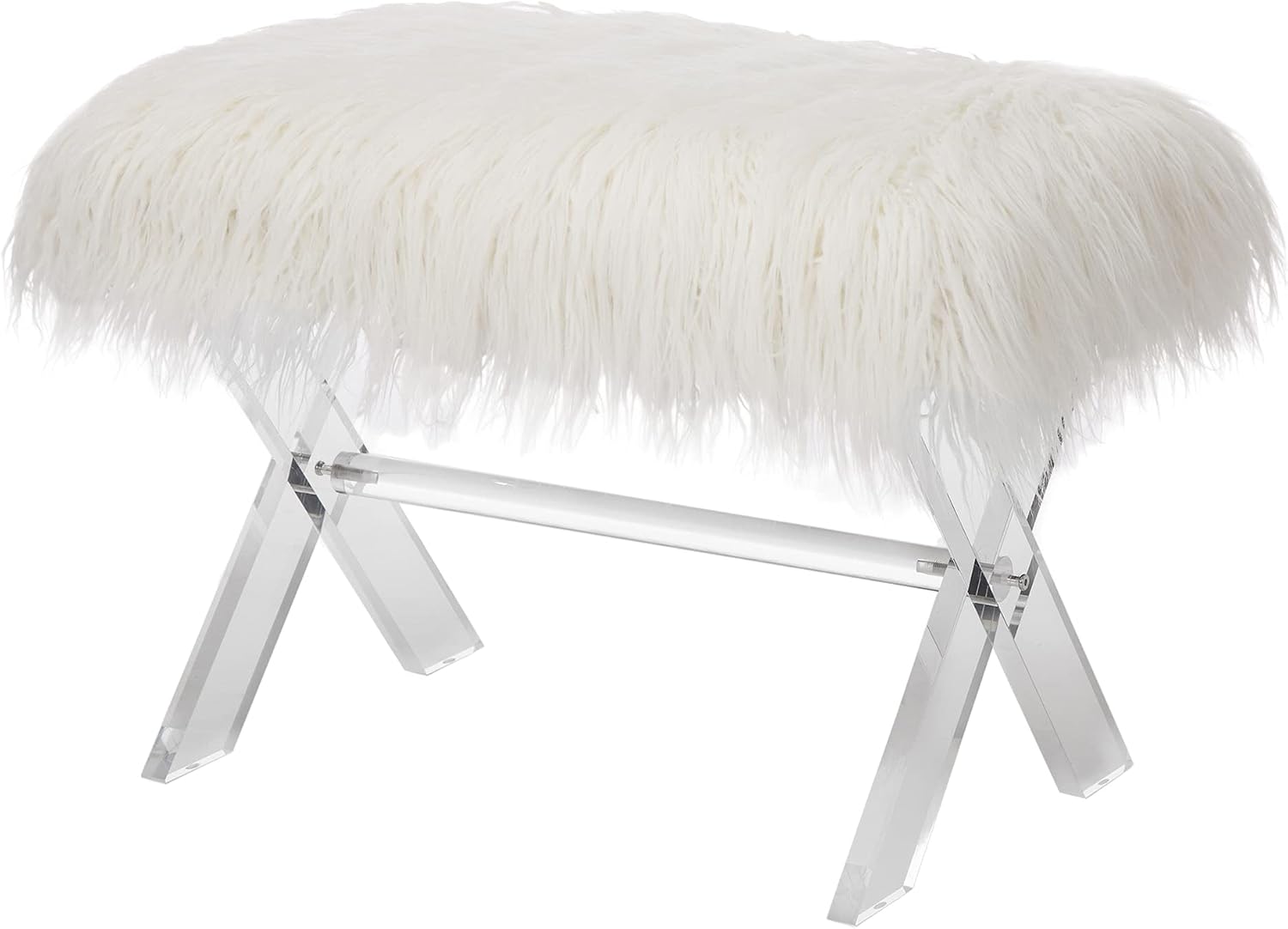 Glitzhome White Faux Fur Ottoman Bench, Modern Ottoman Footrest Stool Vanity Stool with Acrylic Legs Accent Bench for Entryway Living Room Bedroom, 25.5' L