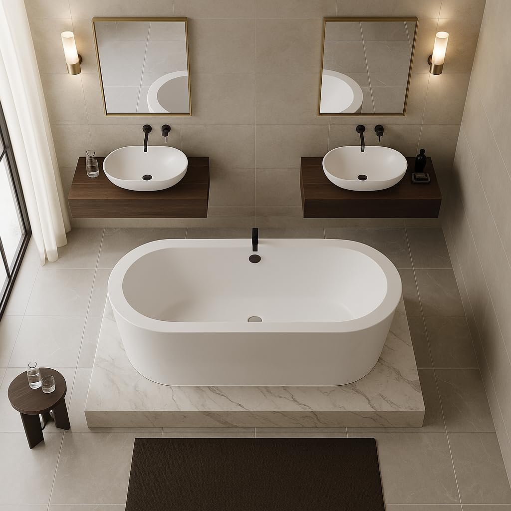 Carver Tubs - Vitality 59' - Modern White Freestanding Soaking Bathtub, With Oil Rubbed Bronze Center Drain - Classic Oval Acrylic Fiberglass Bath Tub - Deep Relaxing Soak - 59' L x 31.5' W x 23' H