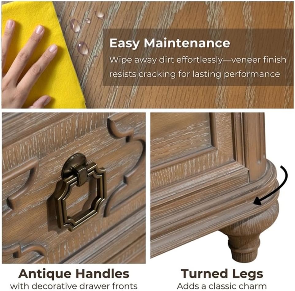 Pemberly Row Transitional Wood King Bedroom Set, Rustic Oak Finish, 3-Piece with Upholstered Beige Headboard, 2 Nightstands with USB Ports, Felt-Lined Drawers, Farmhouse Style for Master Bedroom Decor