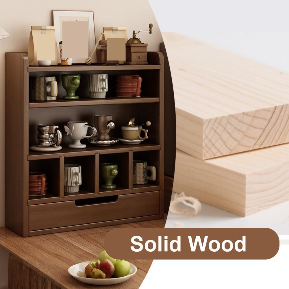 Soild Wood Coffee Cup Holder, 5-Tier Mug Holder with Drawers, Large Capacity Makeup Organizer, Countertop Organizer for Bathroom, Bedroom, Kitchen(Brown)