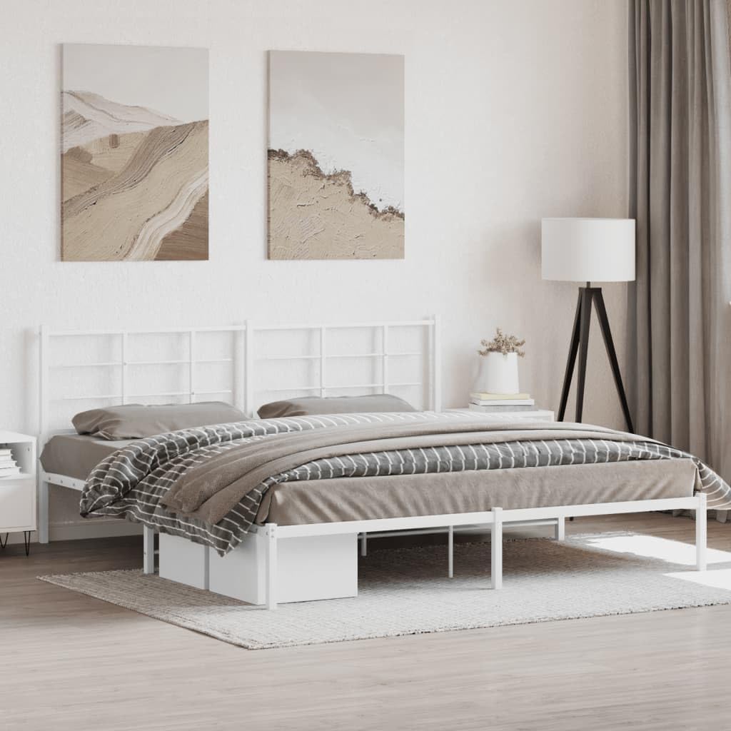 Metal Bed Frame with Headboard White King Size Platform Bed Frame 76'x79.9' Heavy Duty Steel Construction Underbed Storage Space for Bedroom Furniture