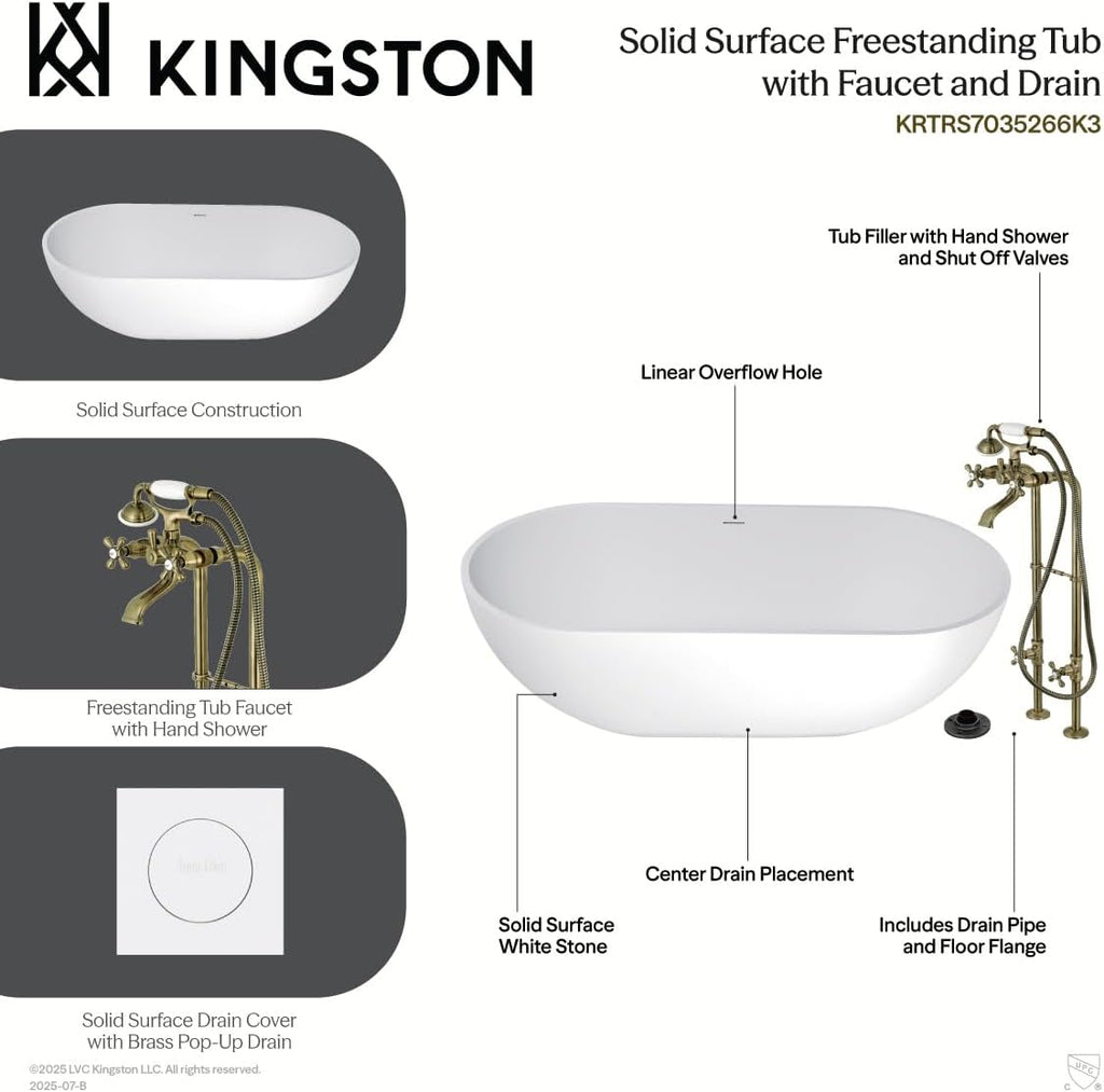 Kingston Brass KRTRS7035266K5 70' Solid Surface Oval Double Ended Freestanding Tub with Faucet Combo and Drain, Oil Rubbed Bronze