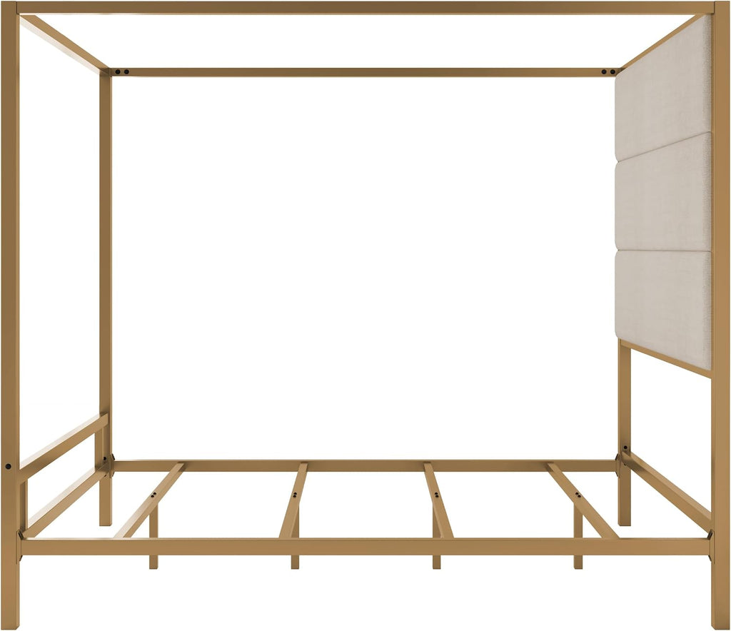 Queen Size Metal Canopy Bed Frame, Canopy Bed with Tall Linen Fabric Upholstered Headboard, Box Spring Needed, Gold+Tan
