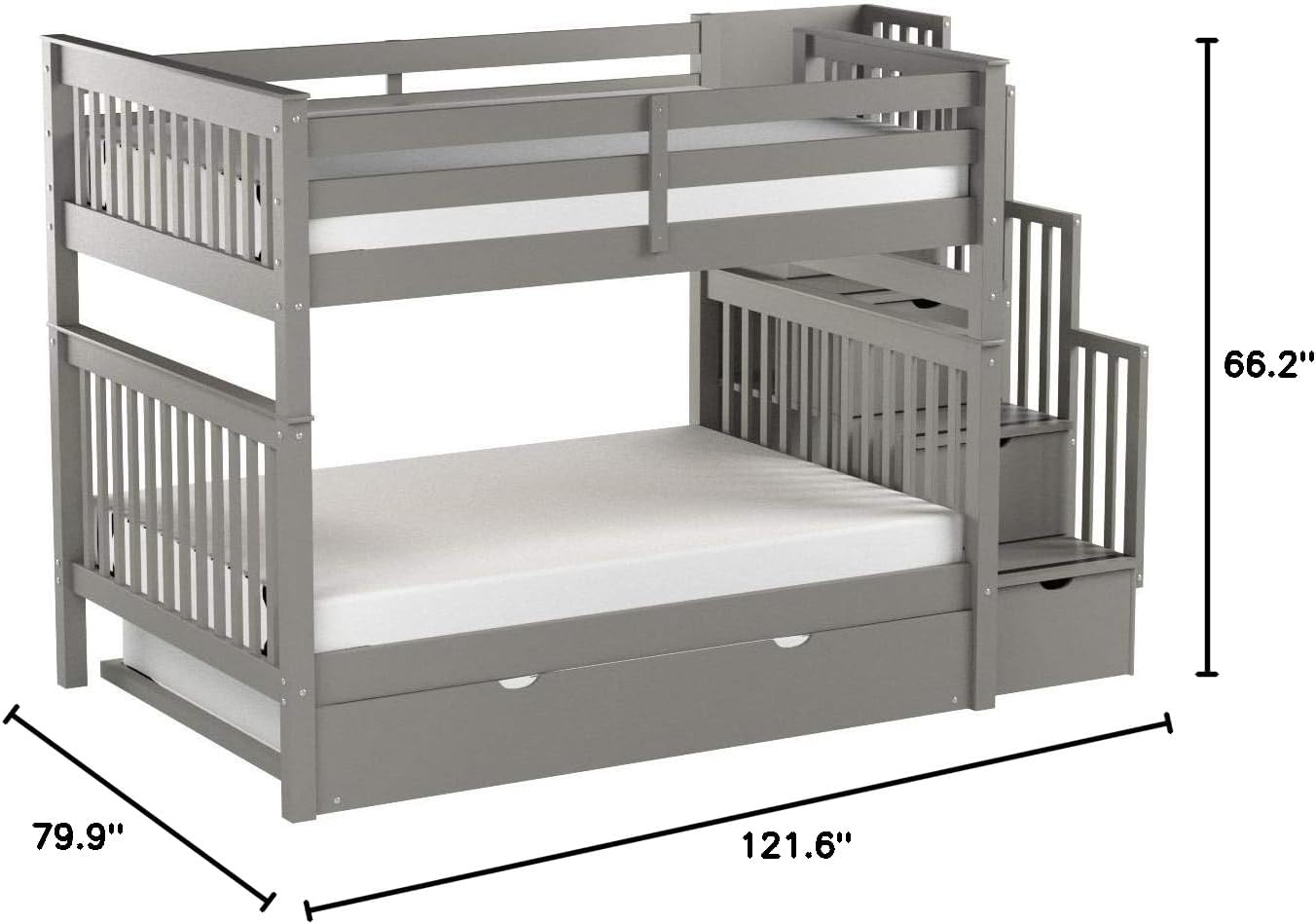 Bedz King Stairway Bunk Beds Full Over Full, 4 Step Drawers, Full Trundle, Gray