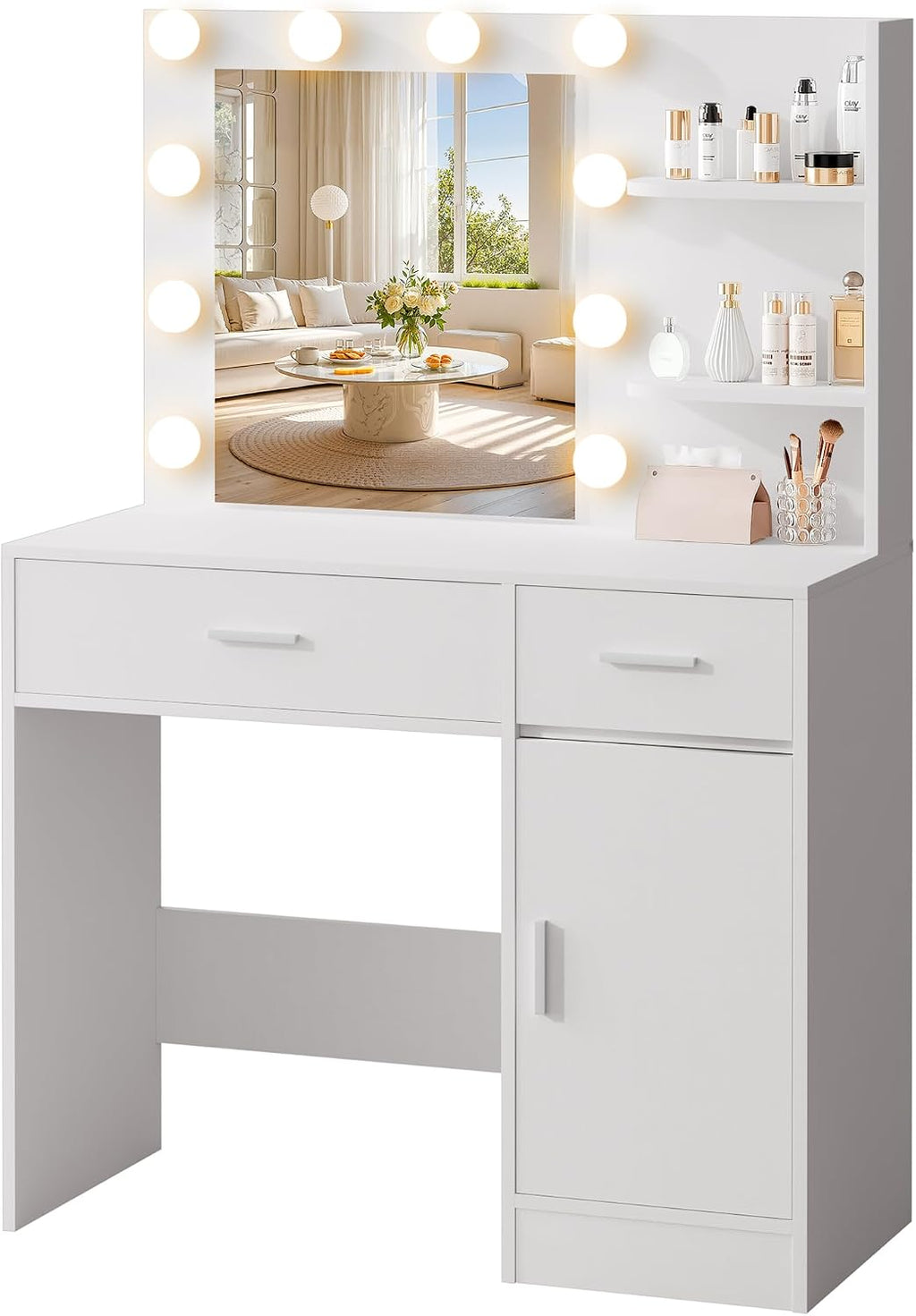 LIVELYGLOW White Makeup Vanity with 10 Hollywood Light Bulbs, 35.4' Wide Dressing Table with Large Mirror & Dimming Function, Small Space Vanity Desk with 2 Drawers, Storage Cabinet & Shelves
