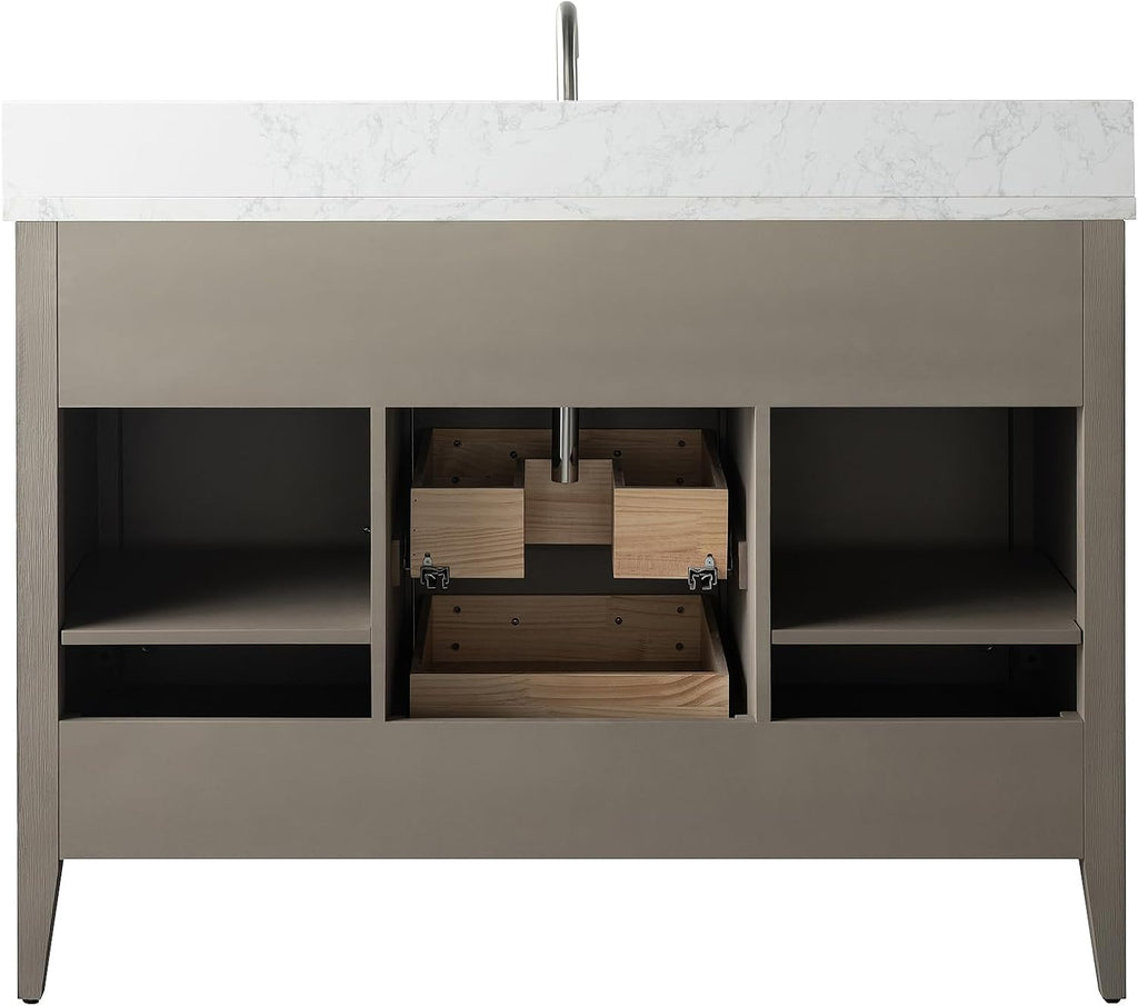 Vanity Art 48 inch Bathroom Vanity with Single Sink & Ceramic Top, Solid Wood, Vanity Cabinet with Soft-Closing Doors, Drawers, Driftwood Gray, Golden Brushed Handware
