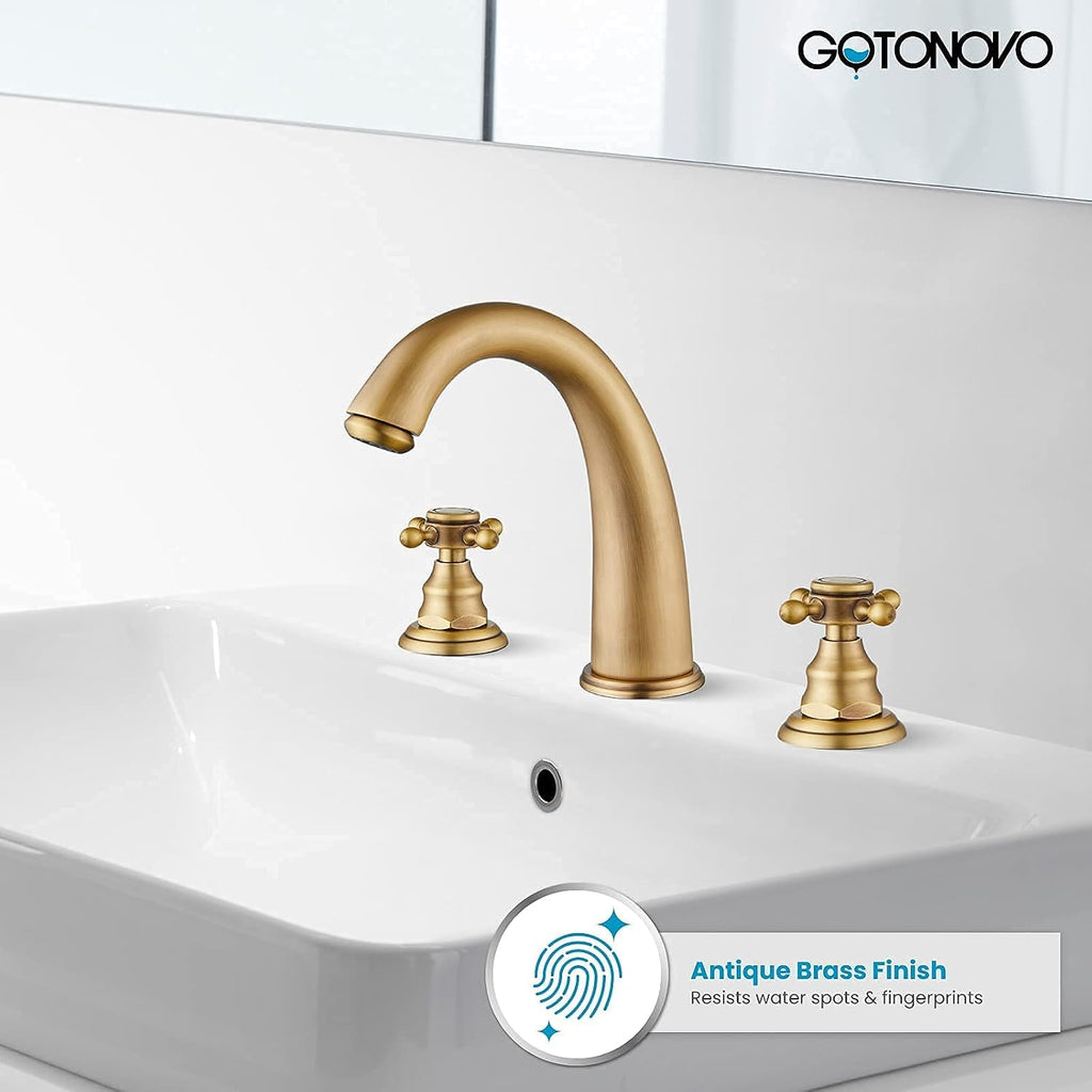gotonovo Antique Brass Shower Fixture 8' Rainfall Shower Head Handheld Spray Dual Knobs 3 Function Antique Brass 8' Widespread Bathroom Faucet 3 Hole 2 Cross Handle Pop Up Drain with Overflow