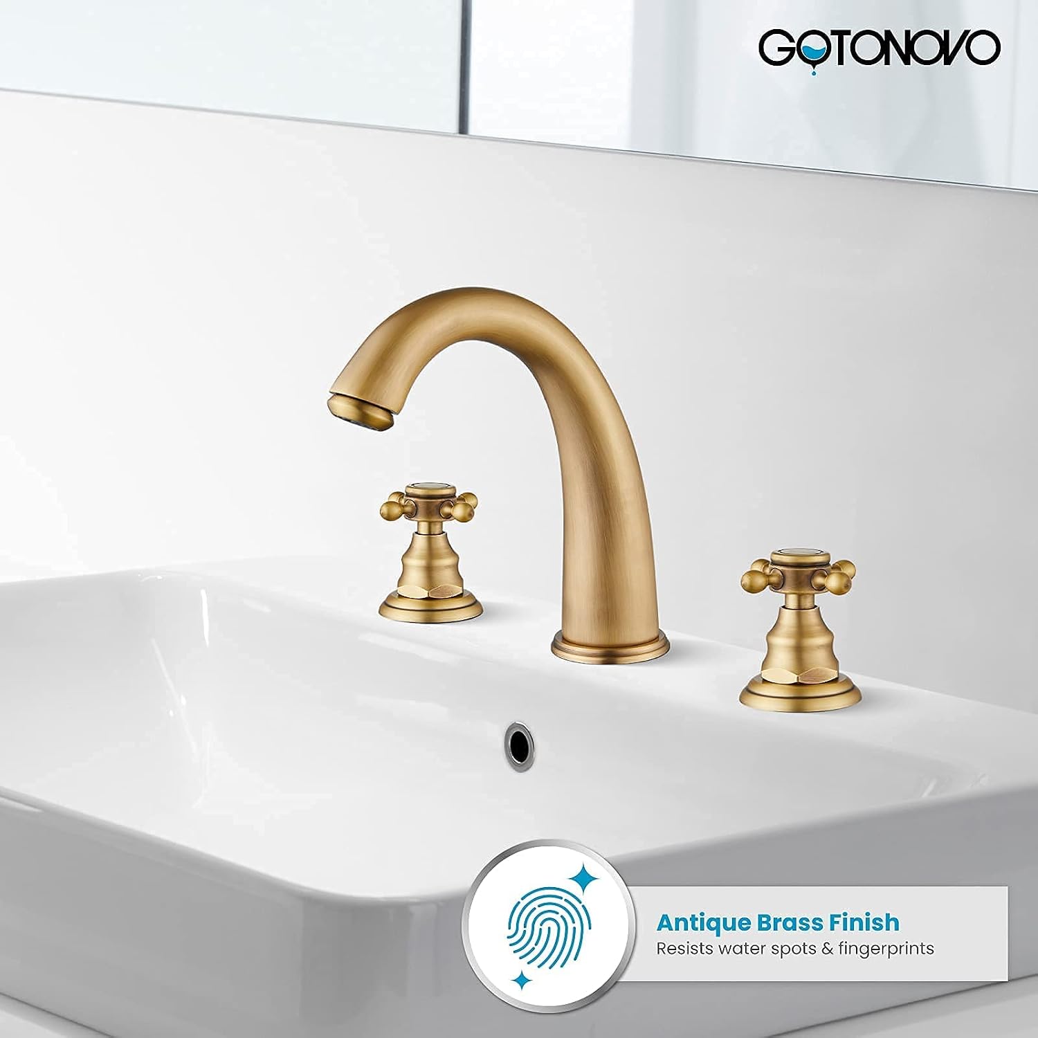 gotonovo Antique Brass Shower Fixture 8' Rainfall Shower Head Handheld Spray Dual Knobs 3 Function Antique Brass 8' Widespread Bathroom Faucet 3 Hole 2 Cross Handle Pop Up Drain with Overflow