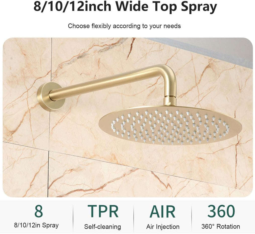 Shower System Concealed, 2 Functions Brushed Gold Shower Set, 8in/10in/12in Shower Faucet Set, 304 Stainless Steel Round Rotatable Shower Head, Brass Body, Self-Cleaning