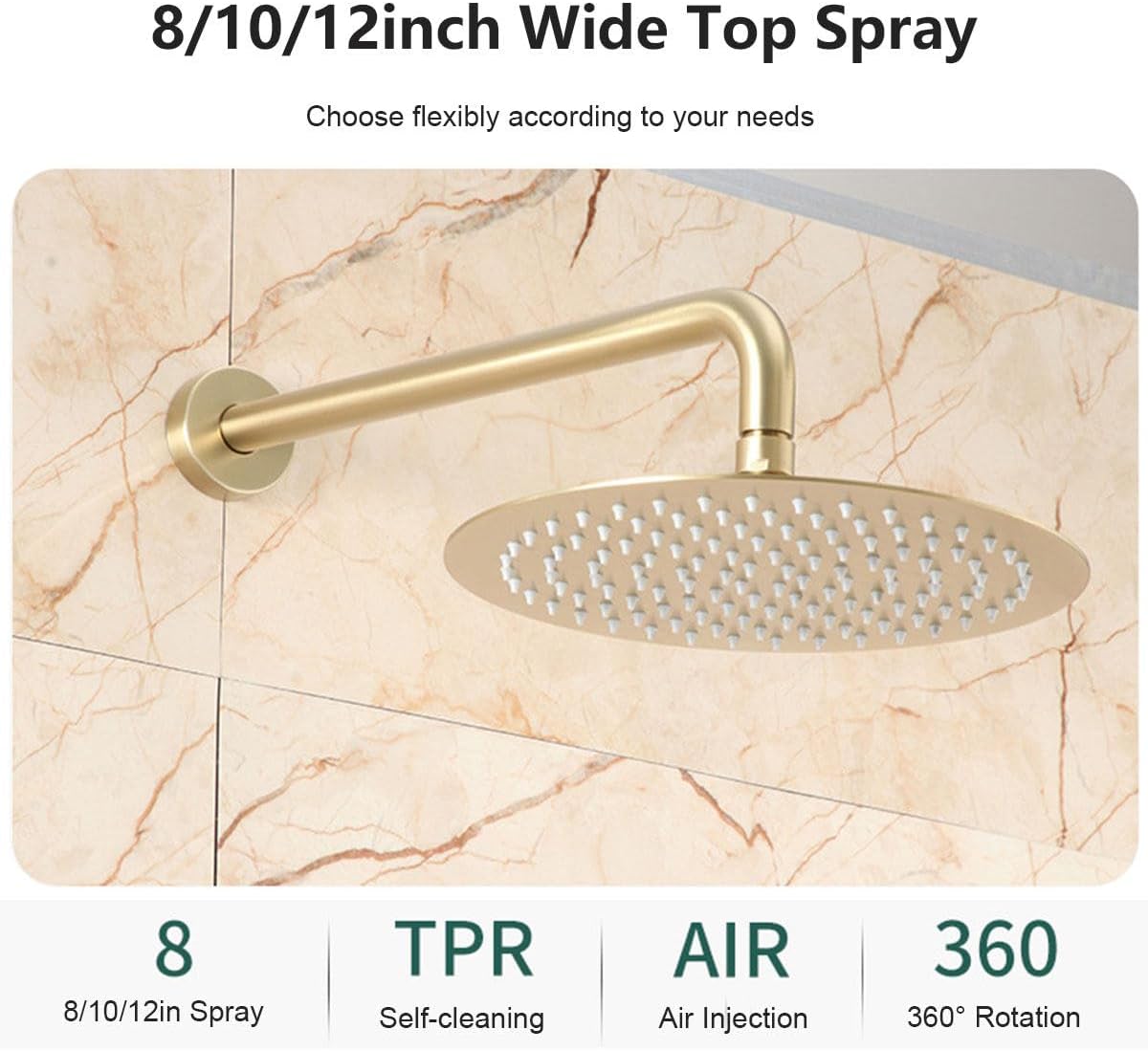 Shower System Concealed, 2 Functions Brushed Gold Shower Set, 8in/10in/12in Shower Faucet Set, 304 Stainless Steel Round Rotatable Shower Head, Brass Body, Self-Cleaning