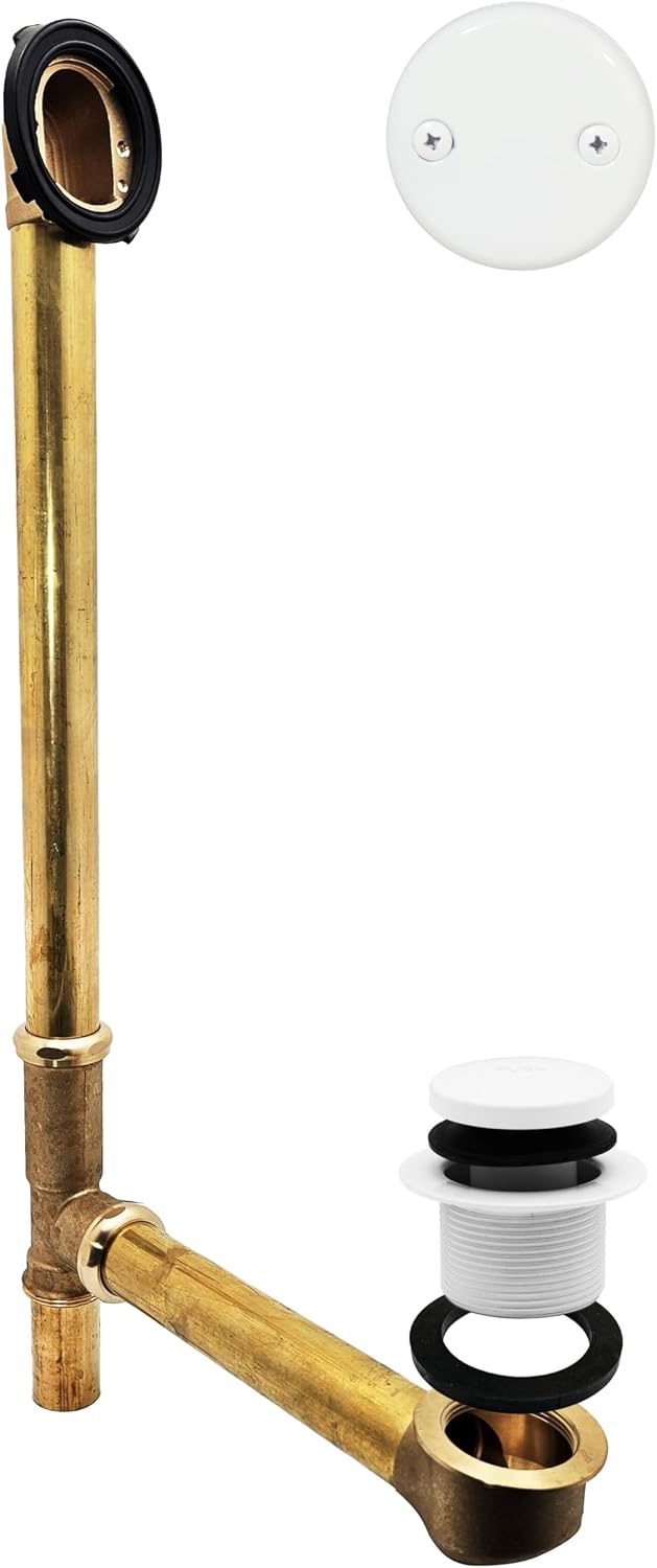 Westbrass A326-50 22-1/2' Brass Bath Waste & Overflow Assembly with Tip-Toe Drain Plug and 2-Hole Faceplate, Powder Coat White