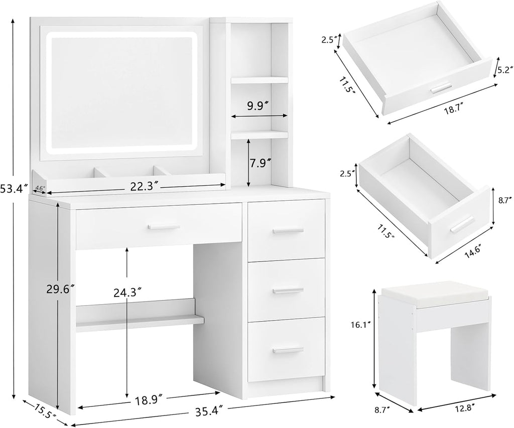 OTOQS Vanity Desk with Mirror and Lights, 4 Drawers & Benches Vanity Desk Set, 3 Color Lighting Modes Adjustable Brightness Vanity for Bedroom Makeup Table