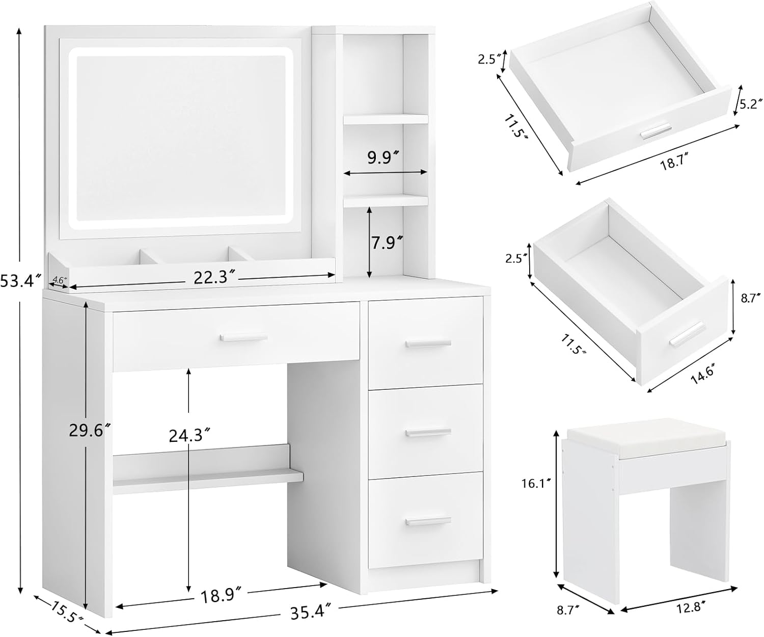 OTOQS Vanity Desk with Mirror and Lights, 4 Drawers & Benches Vanity Desk Set, 3 Color Lighting Modes Adjustable Brightness Vanity for Bedroom Makeup Table