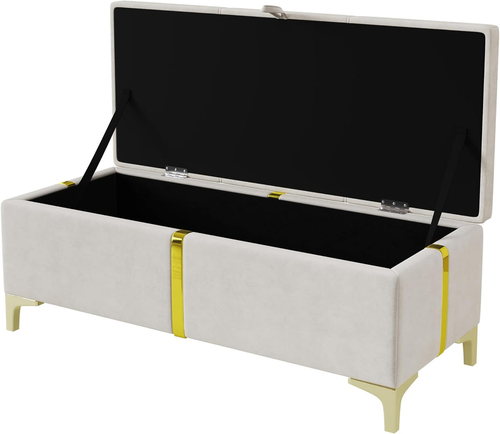 GDFStudio Gomar 2-Piece Bedroom Sets, Queen Size Storage Bed Frame with Hydraulic Lift & Ottoman Bench, Velvet Upholstered Platform Bed, Soft Fabric Headboard, No Spring Box Needed, Gold Decor, Beige