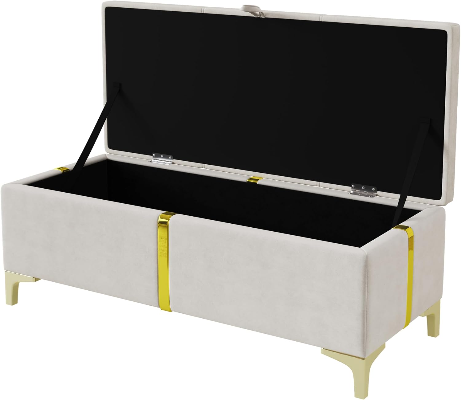 GDFStudio Gomar 2-Piece Bedroom Sets, Queen Size Storage Bed Frame with Hydraulic Lift & Ottoman Bench, Velvet Upholstered Platform Bed, Soft Fabric Headboard, No Spring Box Needed, Gold Decor, Beige