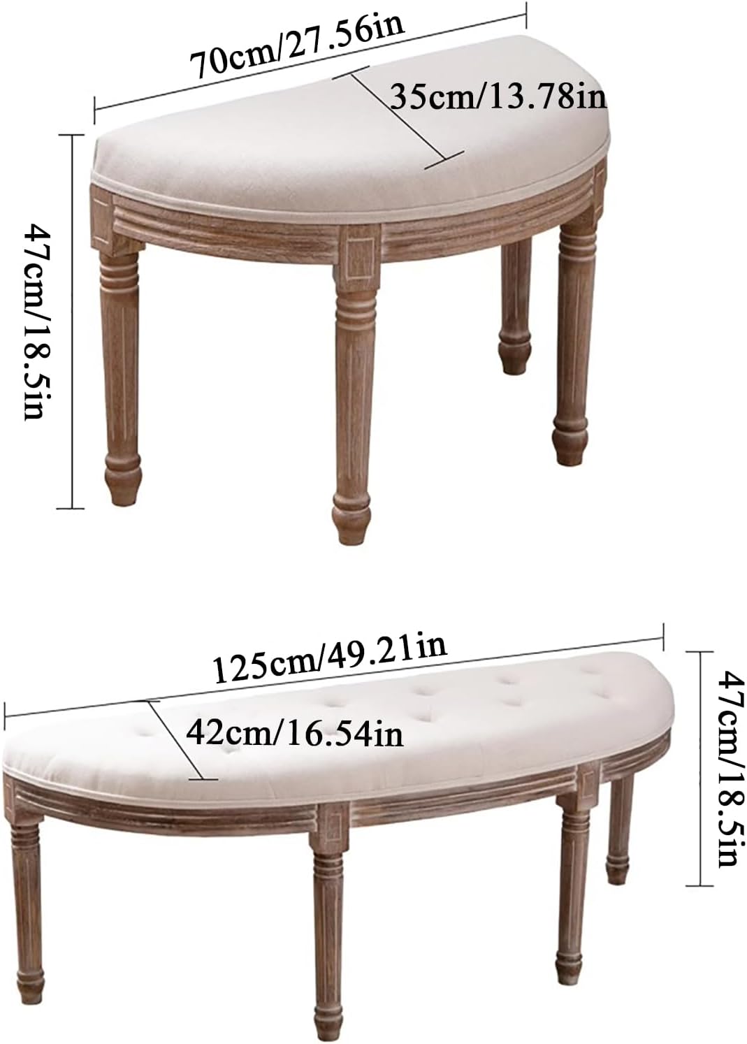 Solid Wood Vanity Bench,Moon Half Entryway Shoe Bench,Comfy Upholstered Piano Bench,Vintage Ottoman Bench,Home Decor Sofa Bench Bedroom Bench (27.56″W×13.78″D×18.5″H, Leather Offwhite)