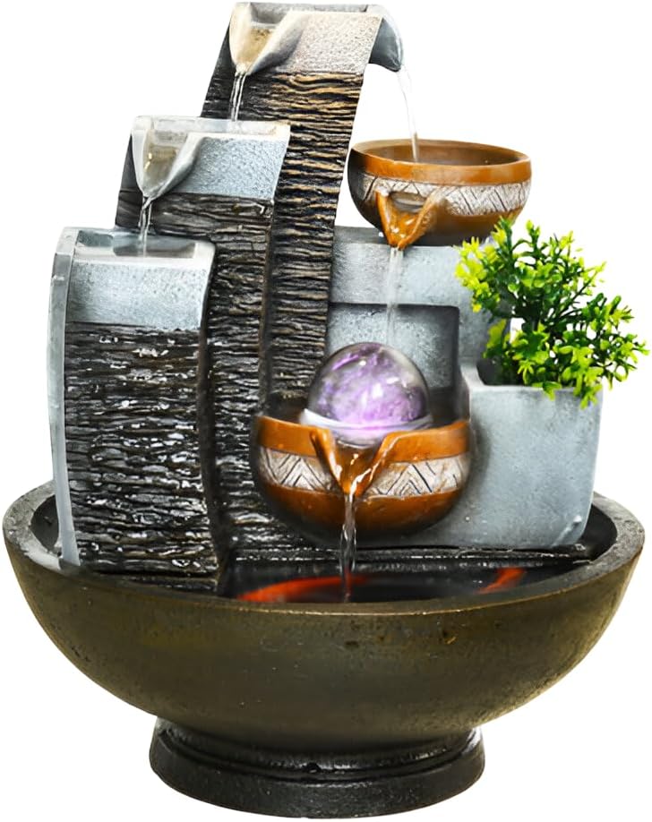 16.93' Indoor Tabletop Fountain with LED Fish Tank, Lighted Crystal Ball & Free 10 Natural Crystals – Water Feature for Home, Office, Entryway & Housewarming Gift (Style 2)