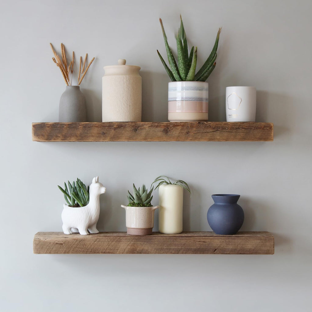 Urban Legacy Reclaimed Barnwood Planks | Floating Shelves for Wall w/Flush Mount Shelf Bracket Set Included | Set of 2 (Natural, 24'x 4.5'x 2')