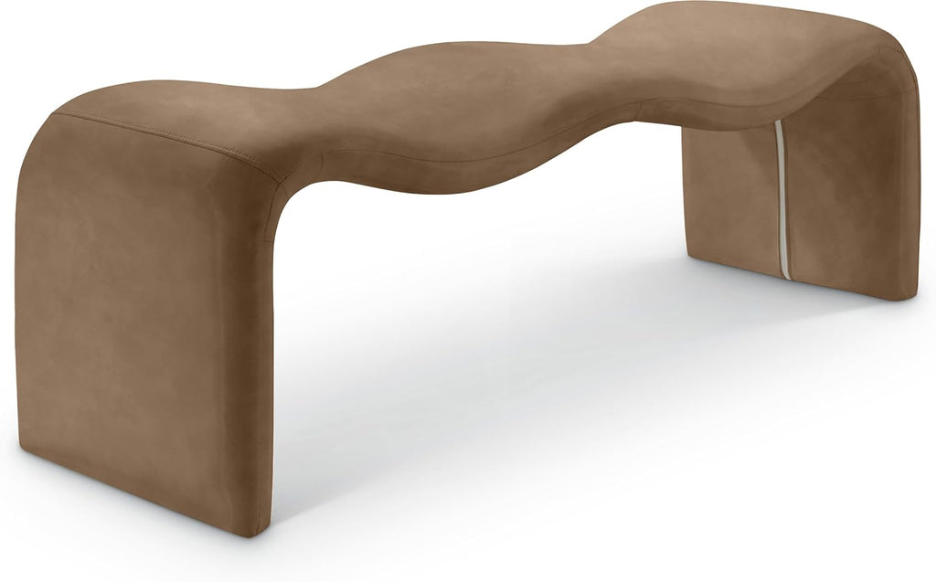 Meridian Furniture 22096Brown Willow Collection Modern | Contemporary Bench with Soft Brown Vegan Leather, Iron Metal Inner Frame, 56.5' W x 18' D x 19' H, Brown