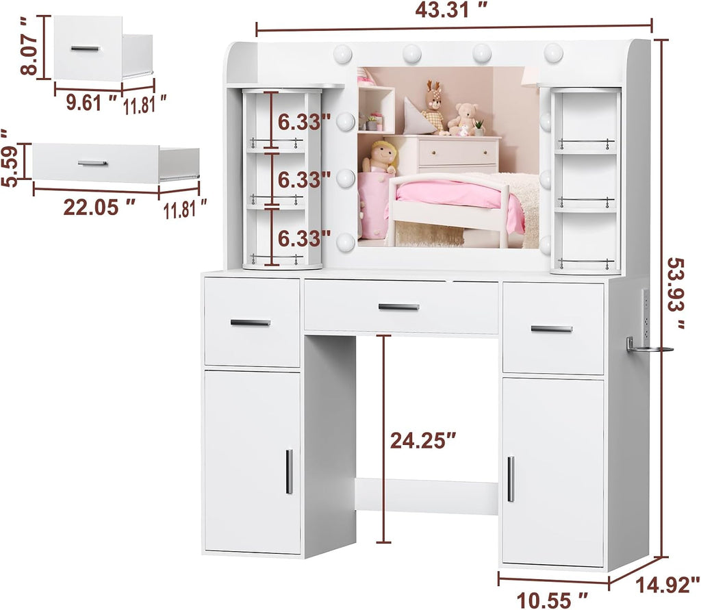 EasyCom Vanity Desk with Rotating Jewelry Organizers, Makeup Vanity with Mirror and Lights, Dressing Table with USB-C Charging Station, 3 Drawers and 2 Cabinets for Bedroom, Dressing Room, White