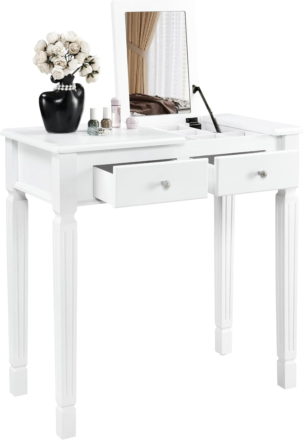 Small Makeup Vanity Desk Table with Flip-Top Mirror and Hidden Storage Compartments, Wood Computer Writing Desk with 2 Drawers, Easy Assembly Dressing Table for Bedroom,White,Red SZT-D0036-WT
