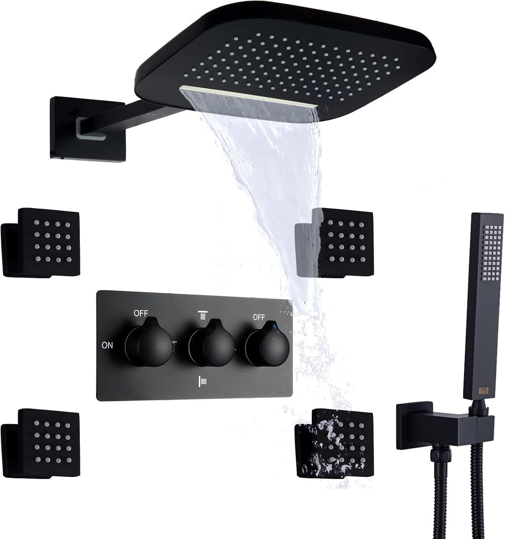 Waterfall Rain Shower System Wall Mounted Brass Shower Head and Handheld Sprays Massage Spa Body Combo Set (Matte Black)